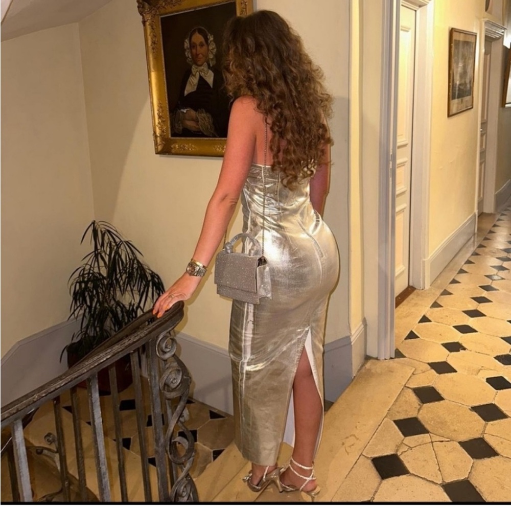 Zara Fitted Metallic Dress Silver Strapless - Picture 7 of 14